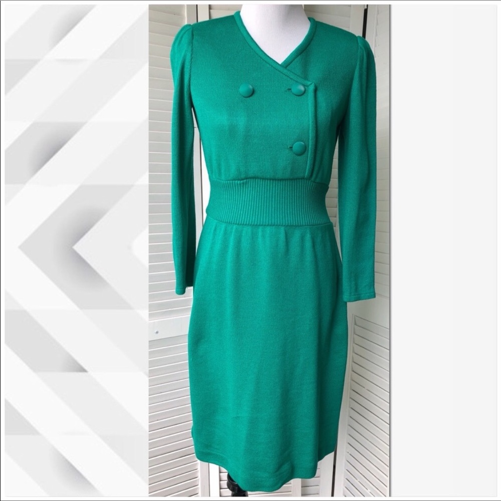 Vintage Leslie Fay Emerald Knit Dress Sz 6